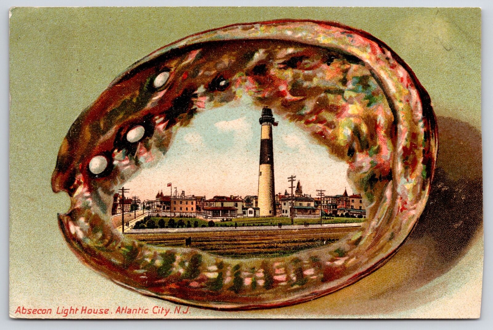 1907 Absecon Lighthouse Atlantic City New Jersey NJ Pearly Shell Posted Postcard