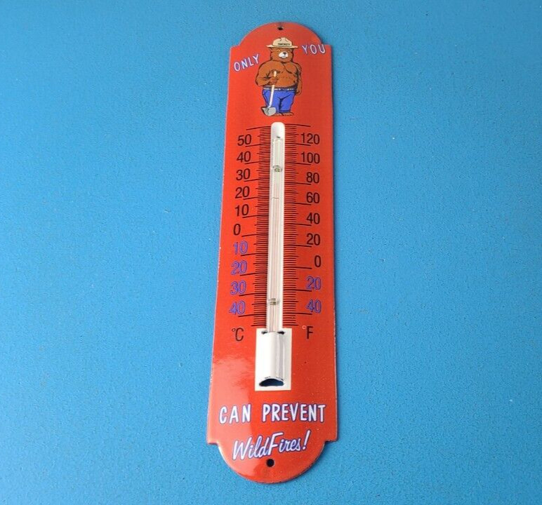 Vintage Smokey Sign - Wild Fires Service Pump Ad Sign on Porcelain Thermometer