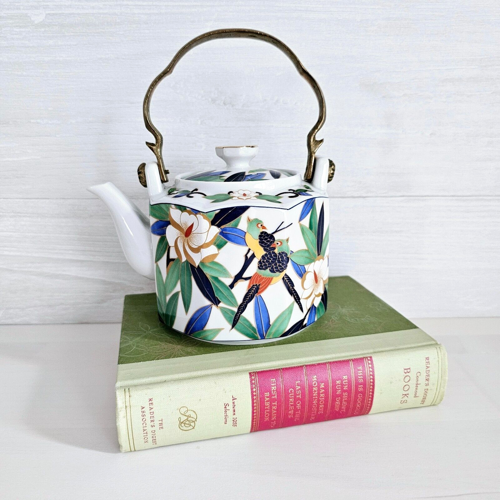 Vintage Takahasi Tropicale Brass Handle Parrot Tropical Ceramic Tea Pot Kettle