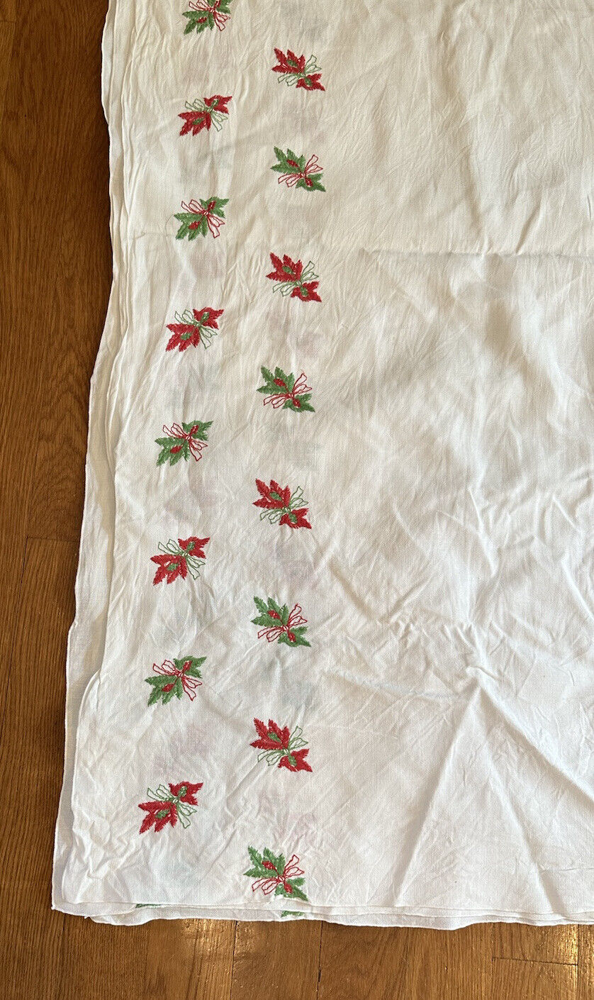 Vintage Christmas Linen Banquet Tablecloth Embroidered Red Green Sprays 120 X 60