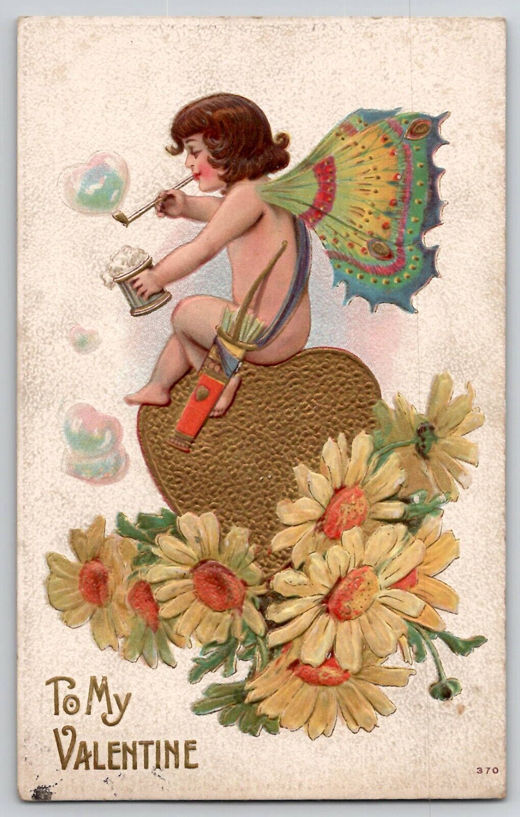 Valentine\'s Day Fantasy Postcard Fairy Cupid Butterfly Wings Bubbles 370 c1910s