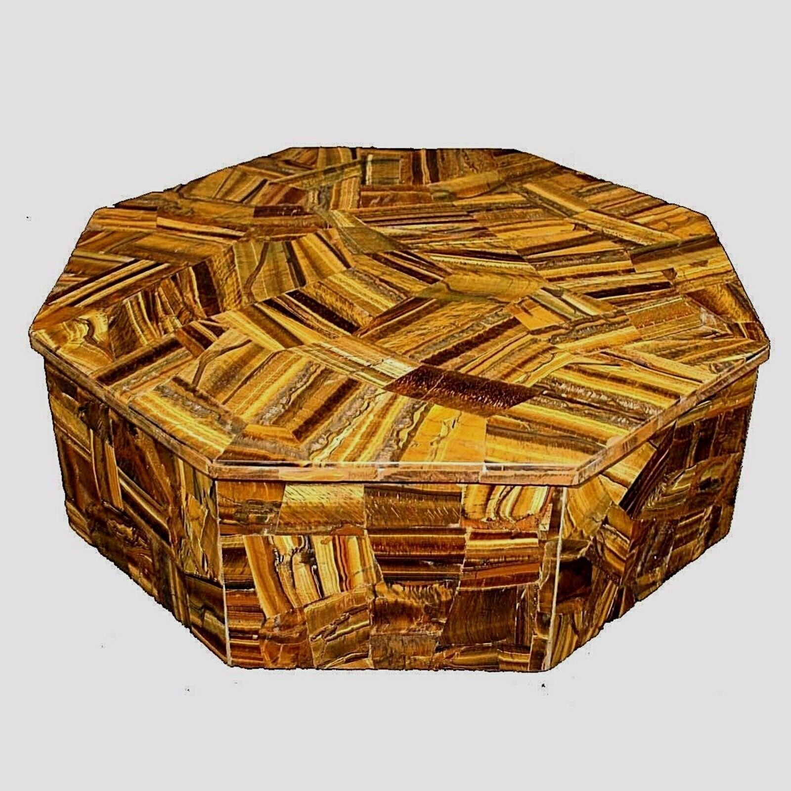 Tiger Eye Stone Overlay Work Jewelry Box Octagon White Marble Business Gift Box