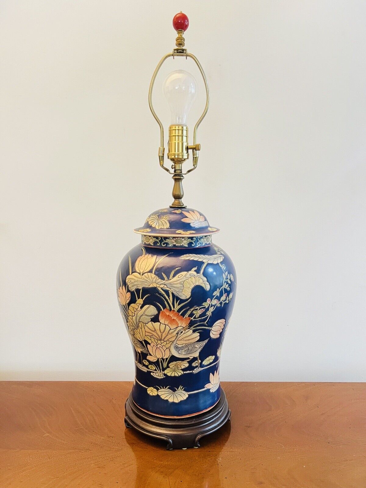 VTG Navy Floral & Birds Multicolor Chinoiserie Ginger Jar Urn Table Lamp Works