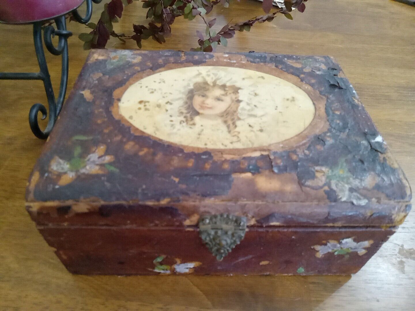 WOW Antique Handmade Painted & Decoupage Treasure Box 1920s Brass And Leather 