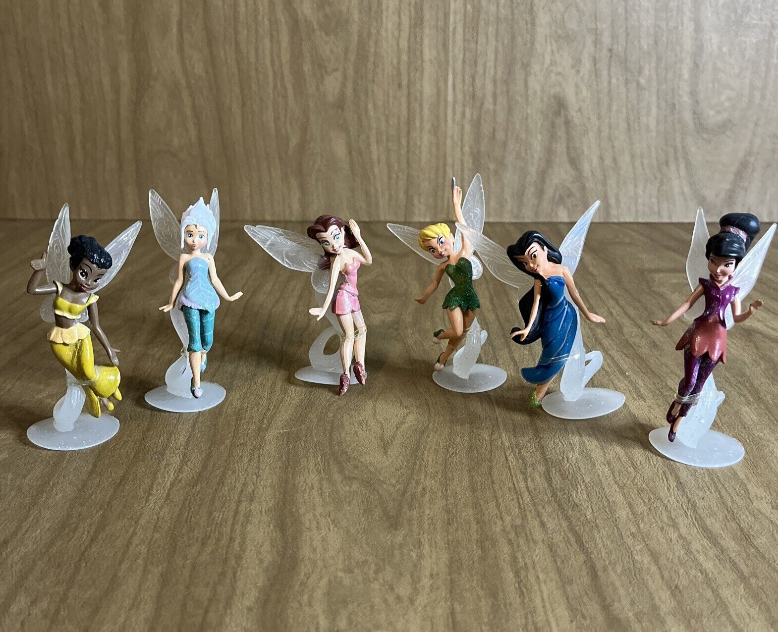 6 Disney Tinkerbell Fairies Cake Toppers Figures W Translucent Base & Wings
