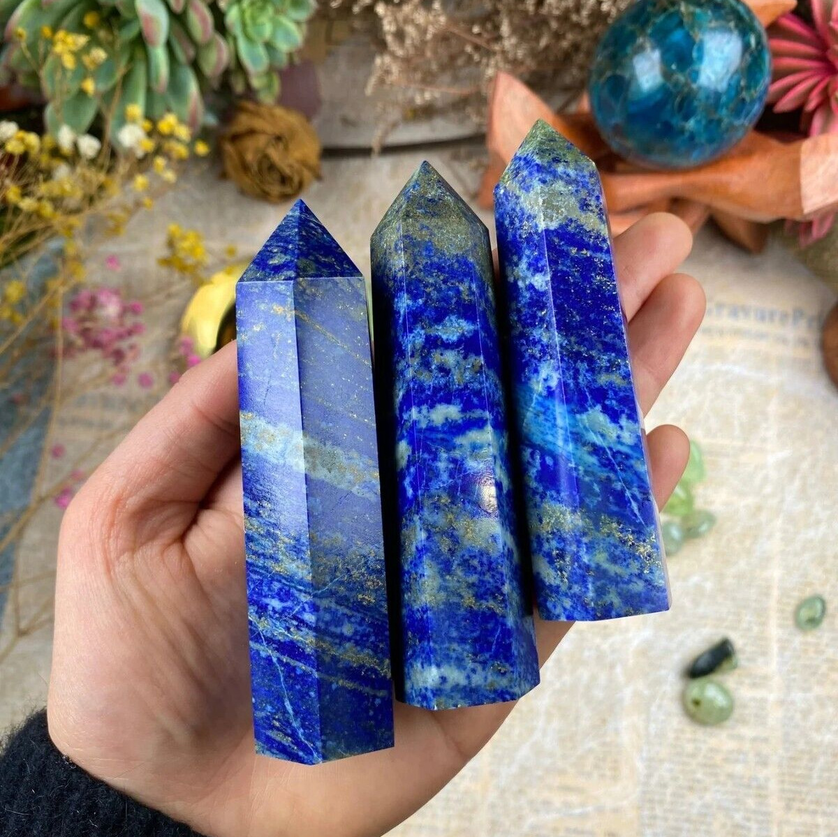 Natural Lapis Lazuli Healing Crystal Wand Obelisk Hexagonal Tower Point Ornament
