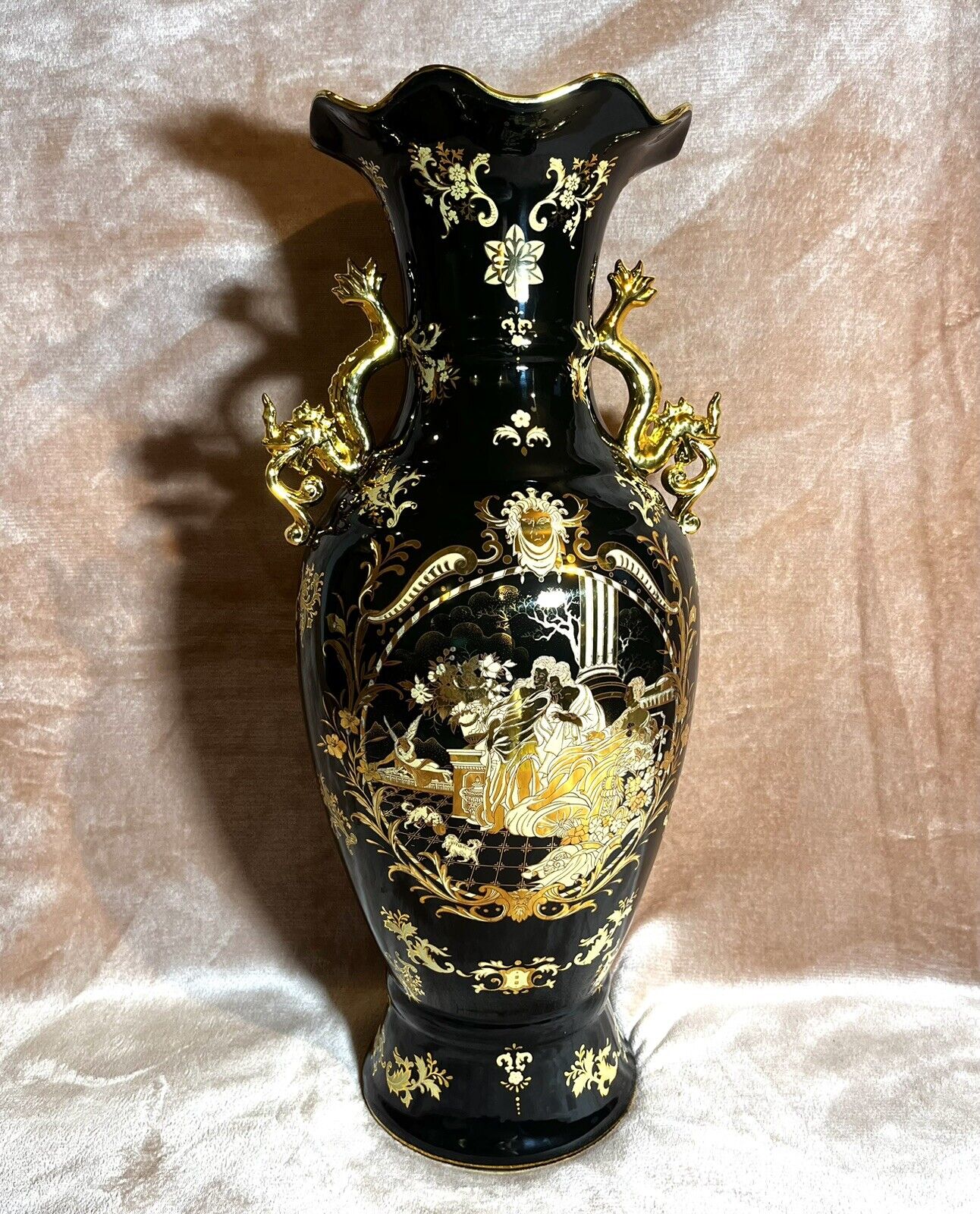 Vintage Chinese Porcelain Cobalt Black/Gold Floor Vase w/24K Gold Painted