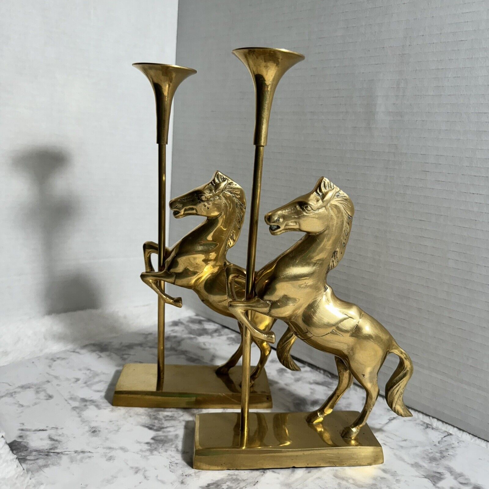 Rare Vintage Brass Stallion Horse Removable Candlestick Holders, Bookends