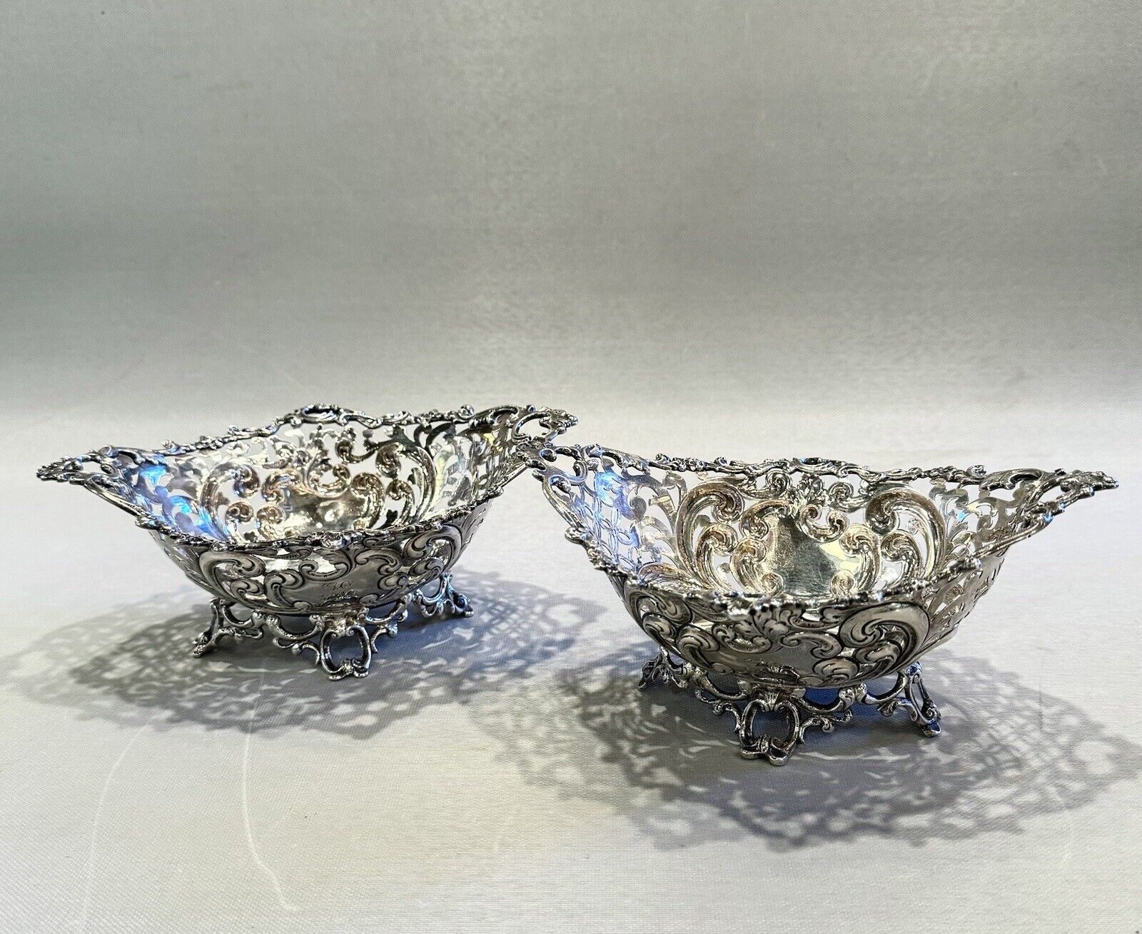 Pair of Antique Theodore Starr Sterling Silver Pierced Filigree Footed Bowls
