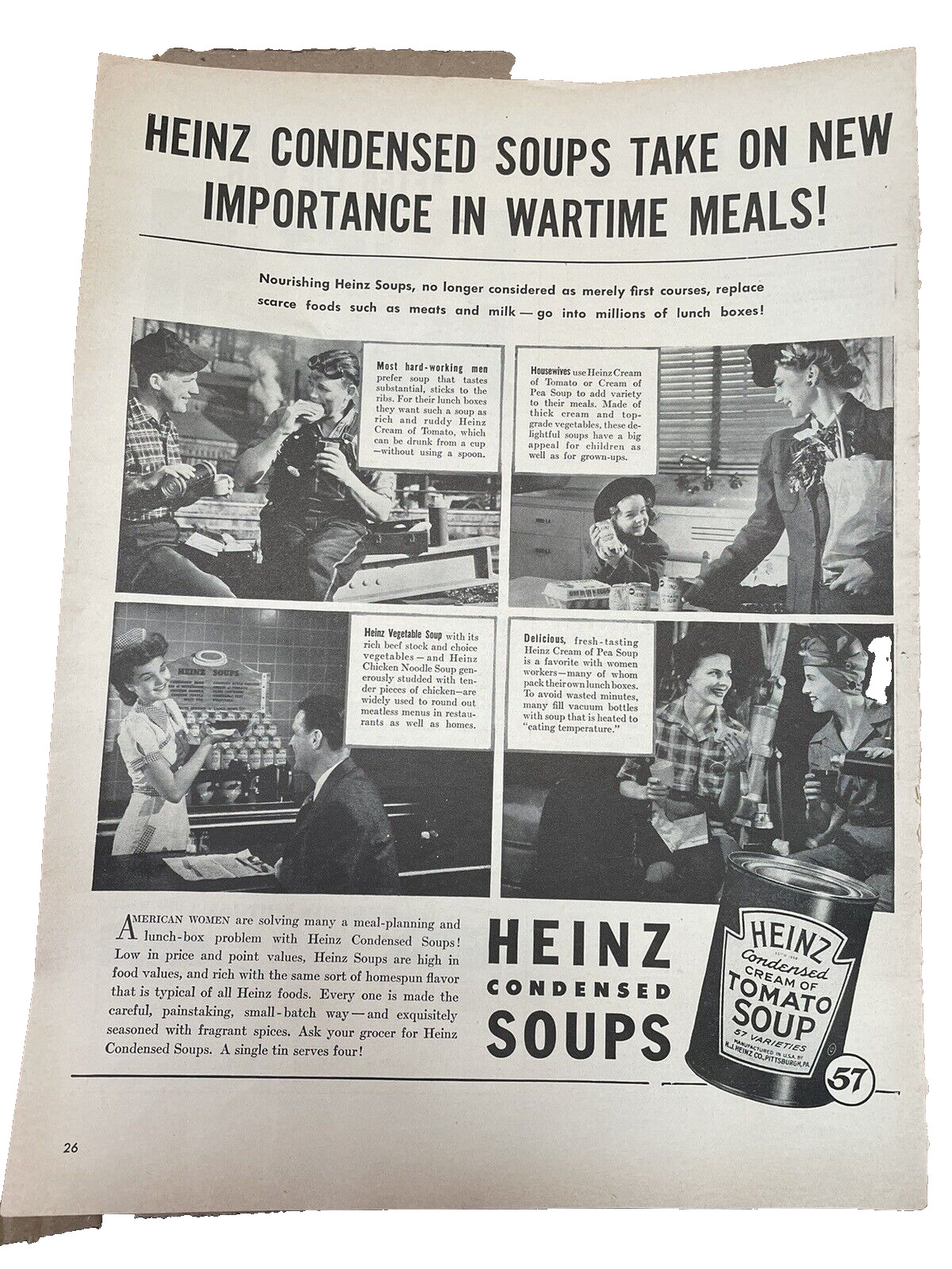 Vintage 1944 Heinz 57 Tomato Soup Ad Original WW2 Print Ad Lunch Counter 10 x 13