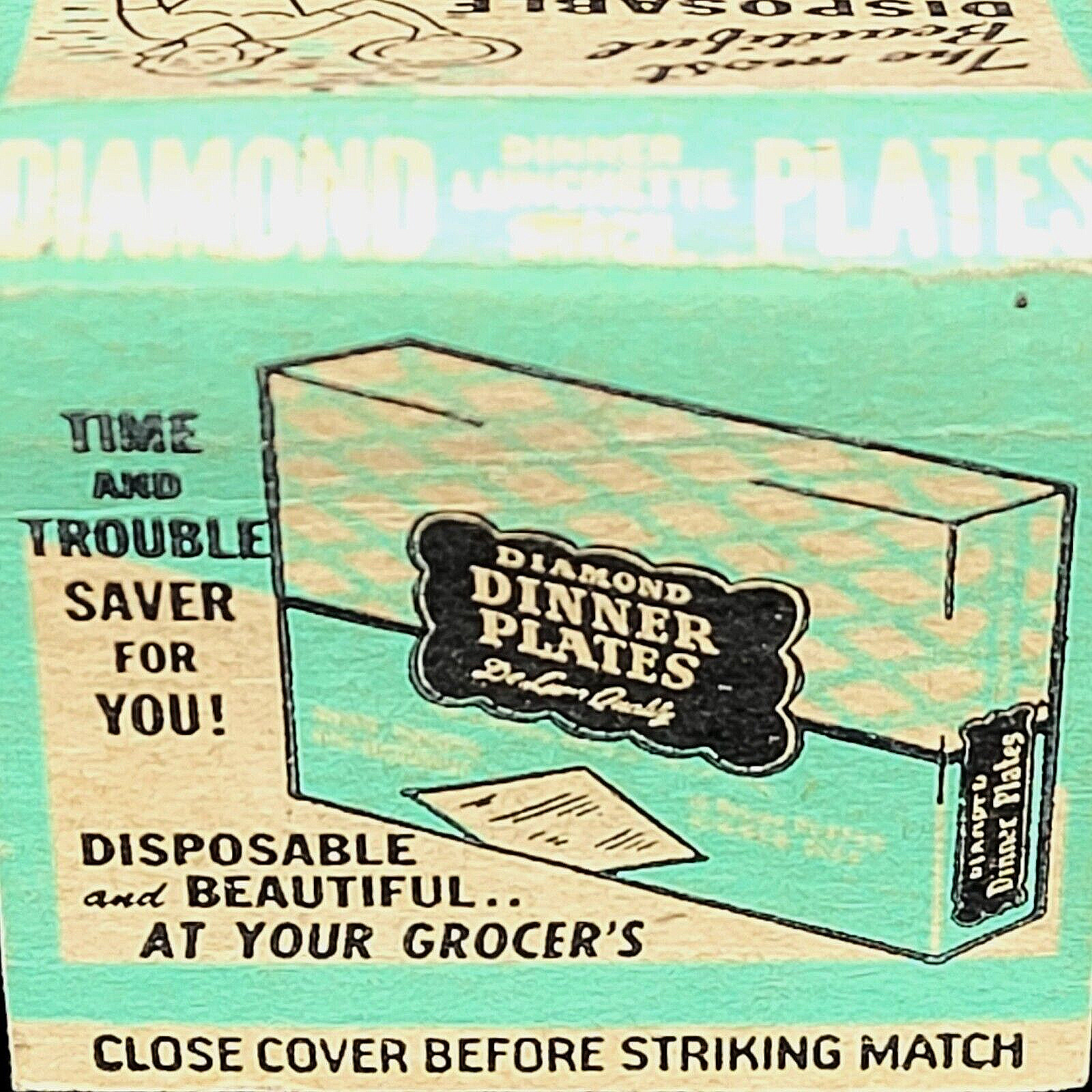 Diamond Disposable Dinner Plate Matchbook Cover Vintage 1950s Scarce Advertising