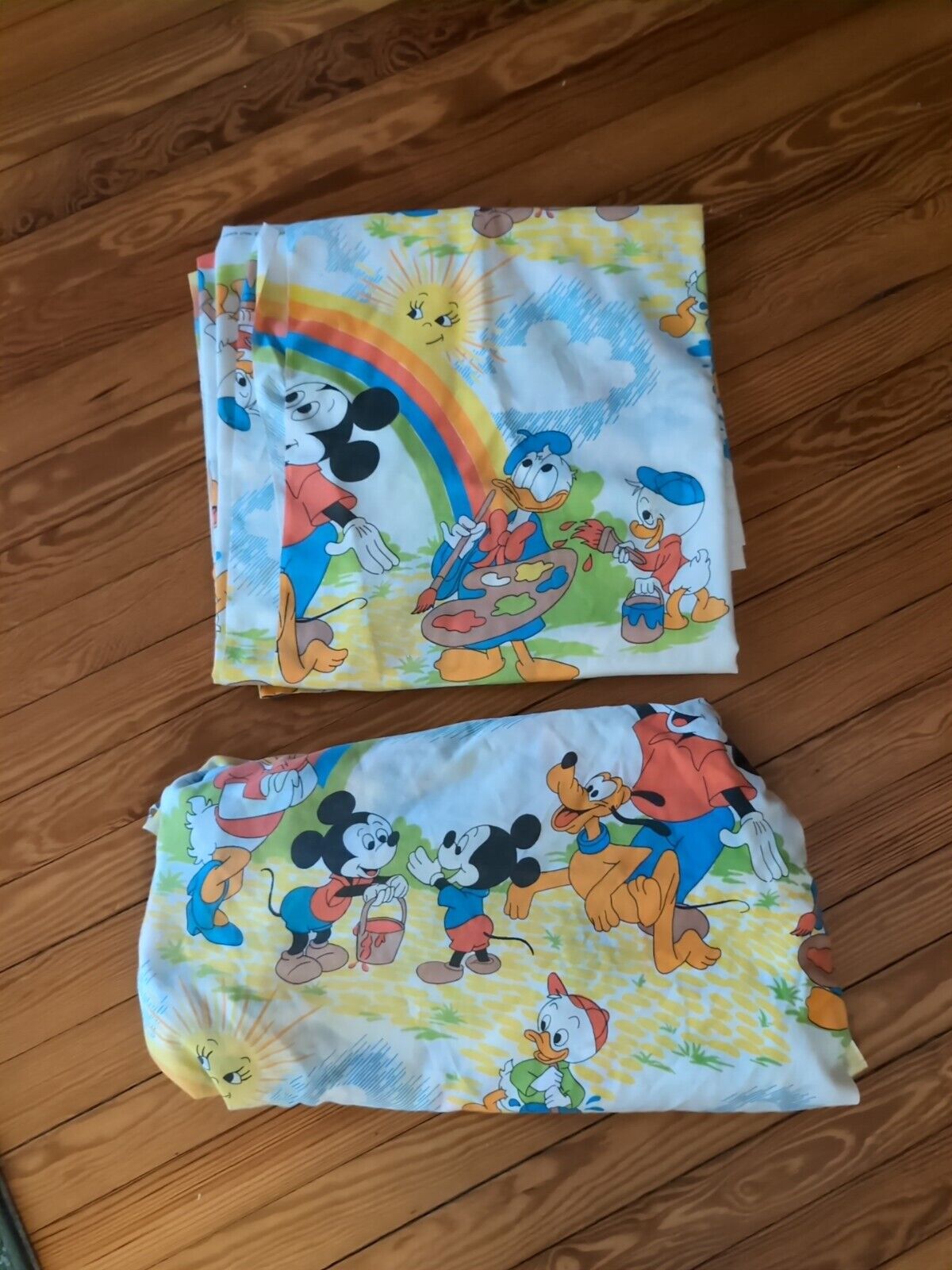 80's VTG Walt Disney Production TWIN FLAT And Fitted SHEET Mickey Donald Duck