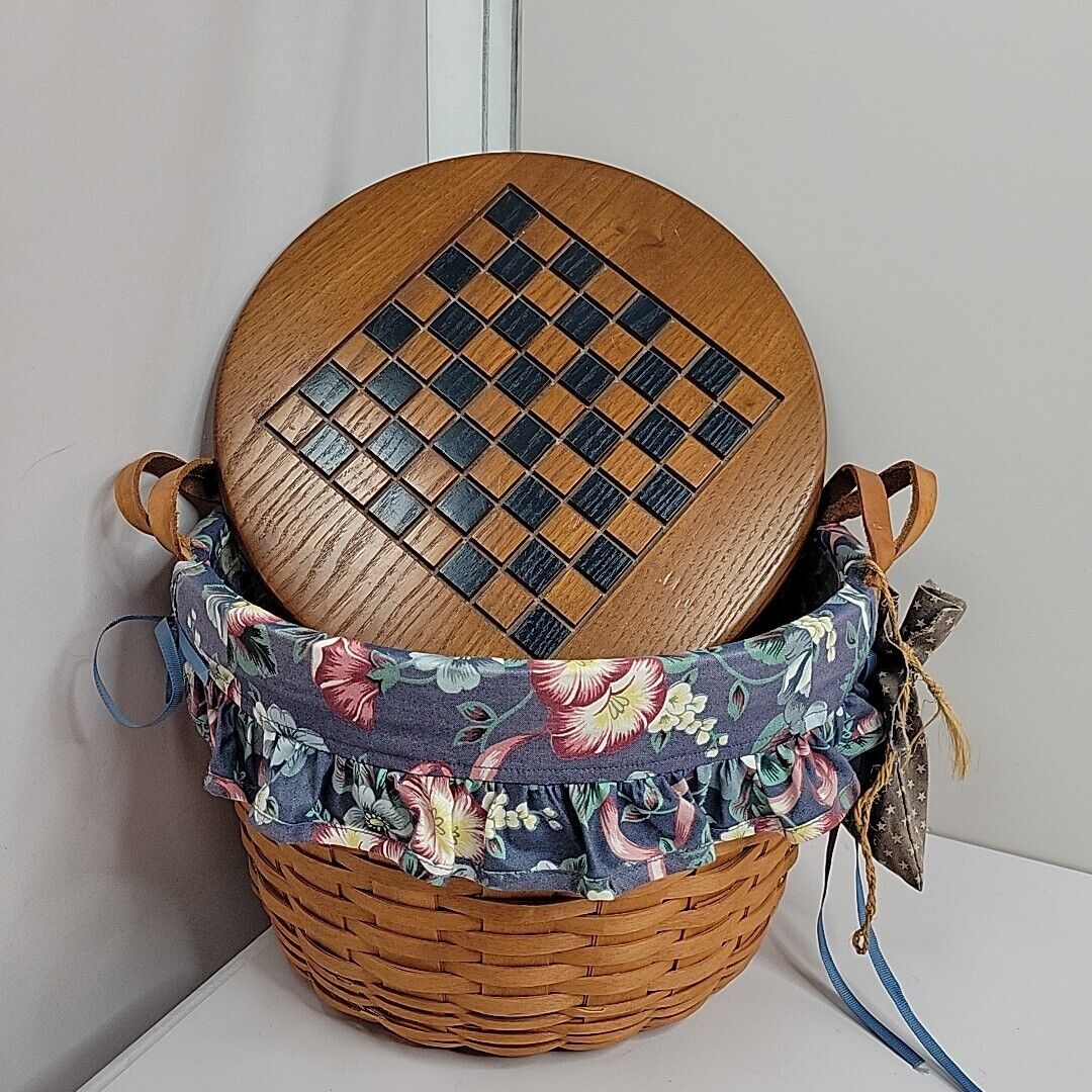 Longaberger Game Basket With Checkerboard Lid Checkers Blue Pink Liner Protector