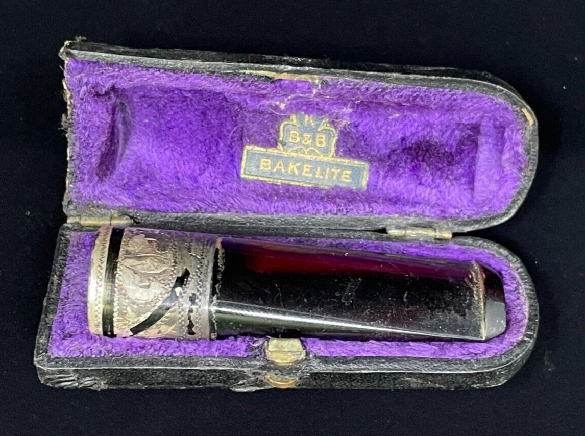Vintage KB&B Bakelite & Sterling Silver Cigar Holder w/ Coffin Case
