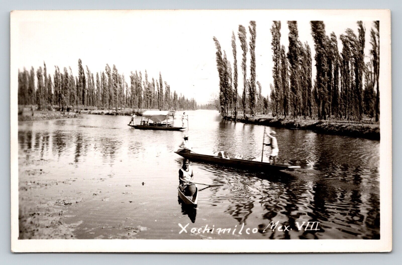 Solitary Boats on the Tranquil Canals of Xochimilco Mexico VINTAGE RPPC Postcard