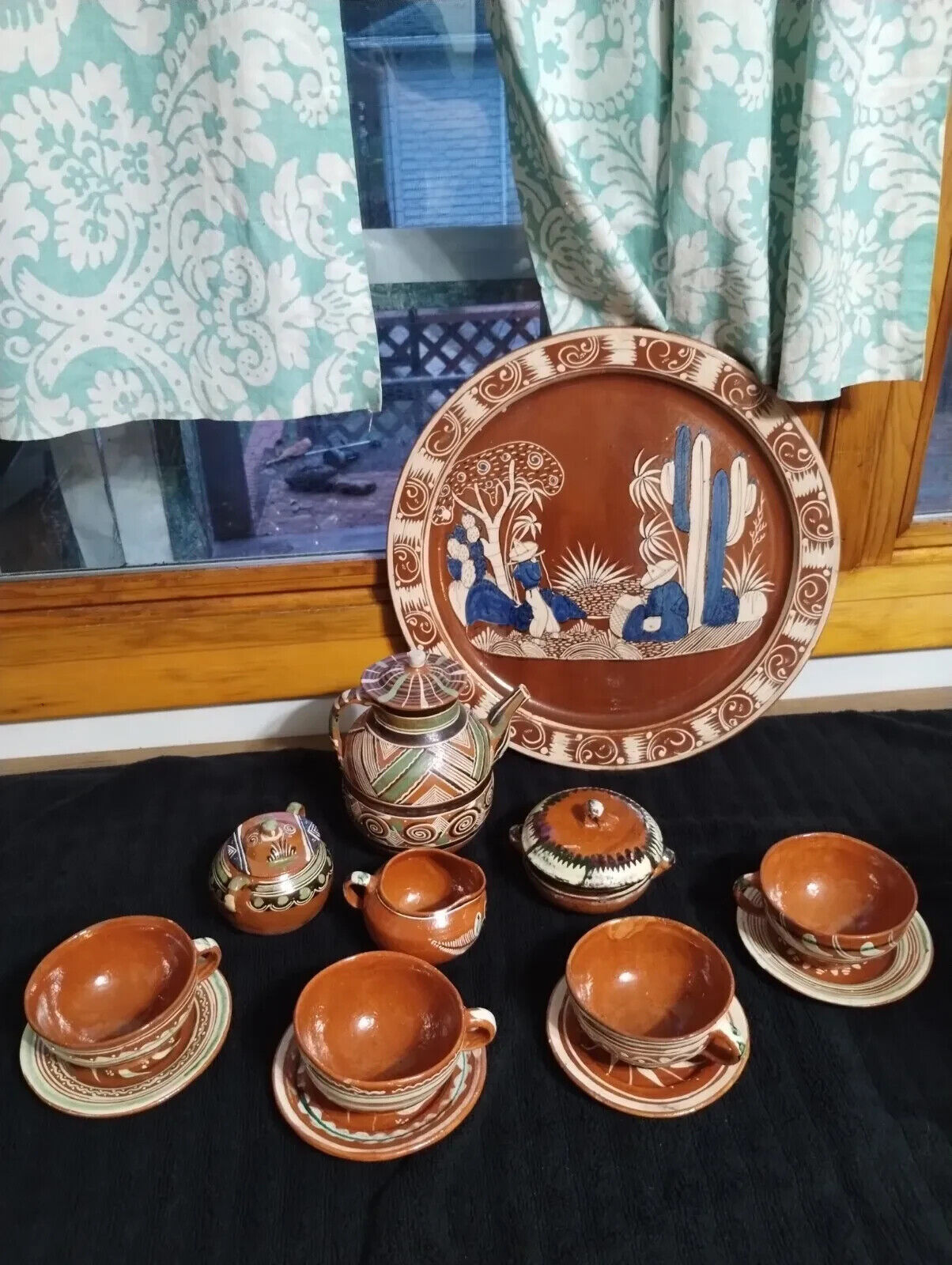 Vintage Old Handmade Mexican Terra Cotta Tea set & Platter