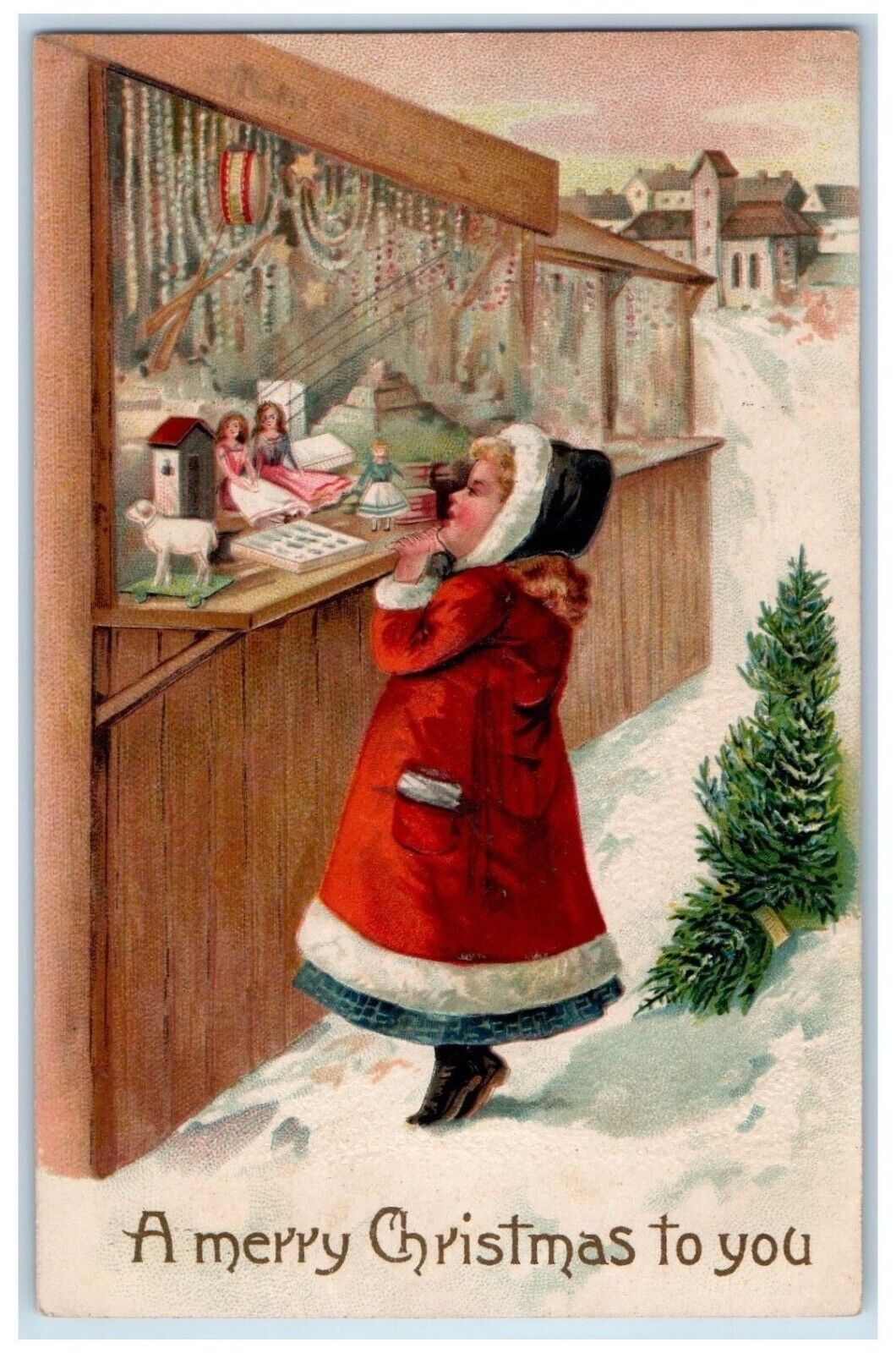 c1910's Christmas Girl Santa Costume Doll Store Pine Tree Embossed Postcard
