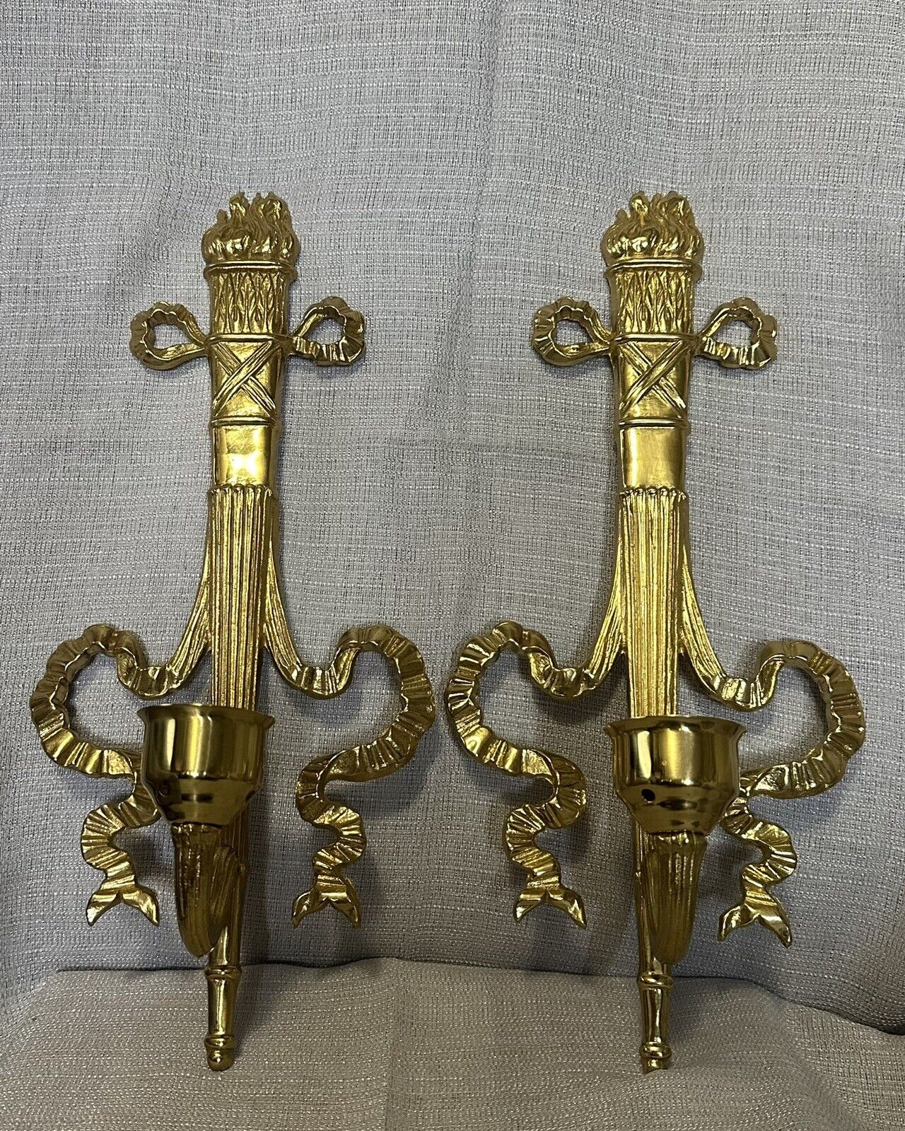 Vintage Pair Bombay Brass Wall Sconces Torch & Ribbon Candle Holders 15.5”