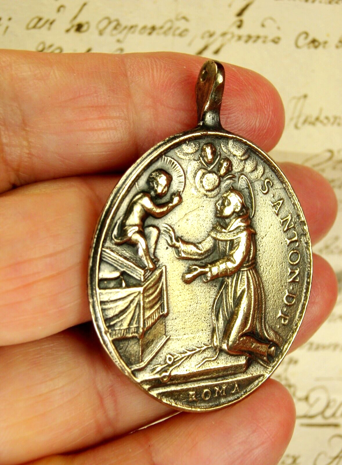 ANTIQUE 18TH CENTURY THE ECSTASY OF ST ANTHONY & OUR LADY OF PILLAR BRONZE MEDAL