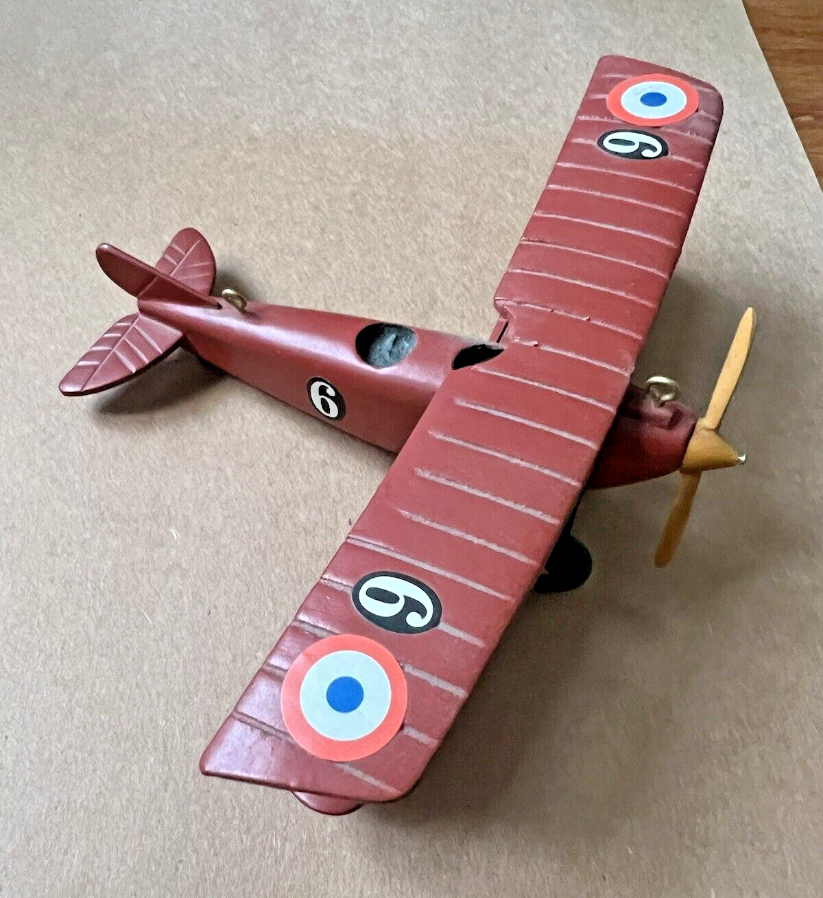 Vintage 1960's-70's Red Wooden Model Airplane Biplane