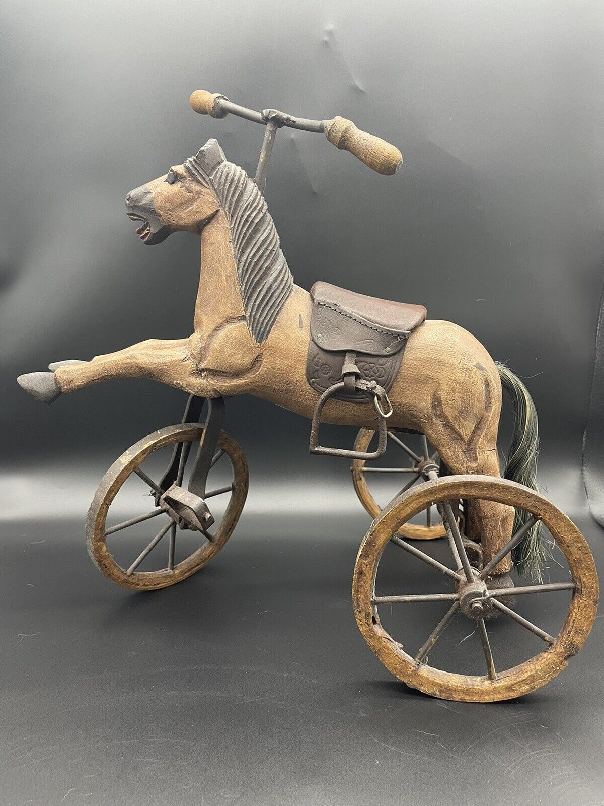 Unique Vintage Miniature Wooden Horse Tricycle Toy Hand Painted Decor