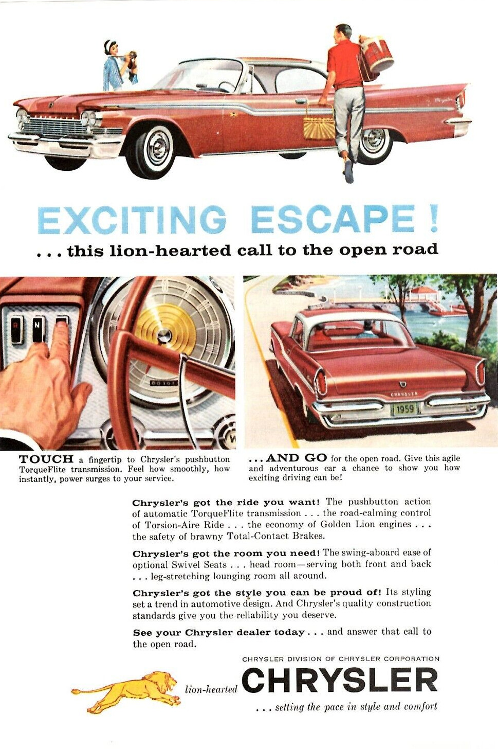 1959 Print Ad Chrysler Lion-Hearted Exciting Escape TorqueFlite Transmission