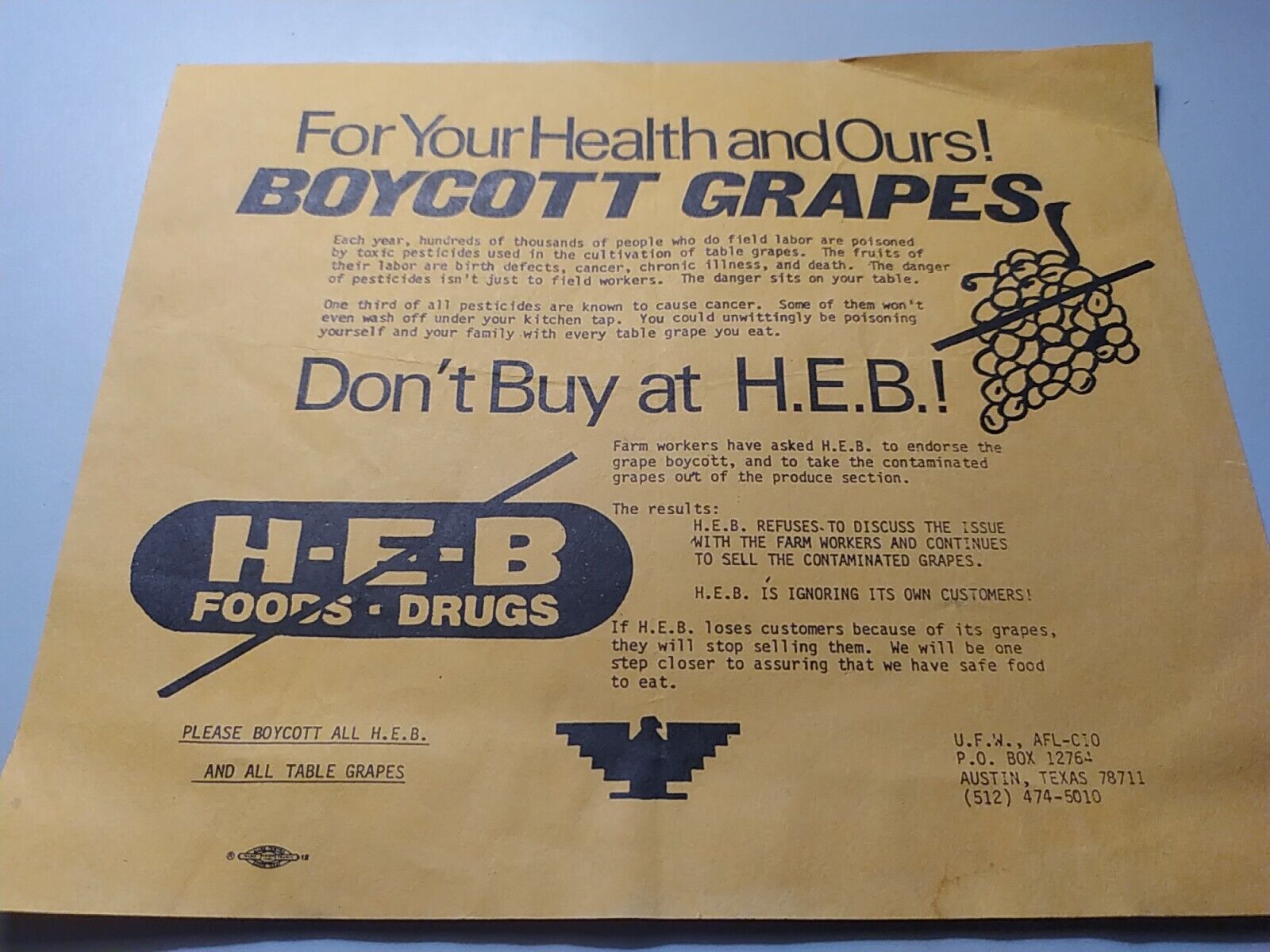 Vintage 1990 Austin Texas Political BOYCOTT pamphlet against H-E-B pesticides