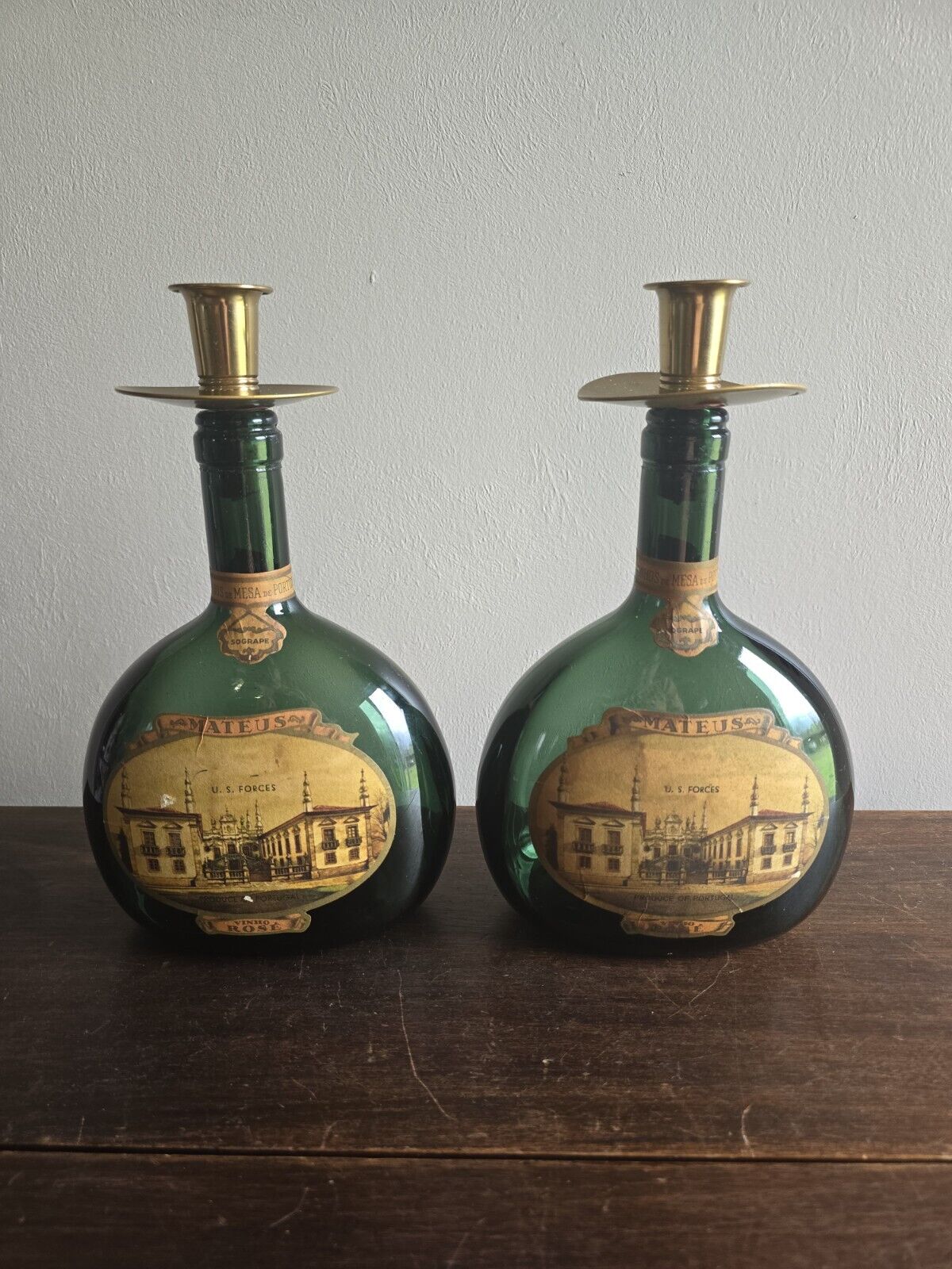 2 VTG Mateus Sogrape Rose Green W/Labels & Candle Holders Wine Bottles 1960's