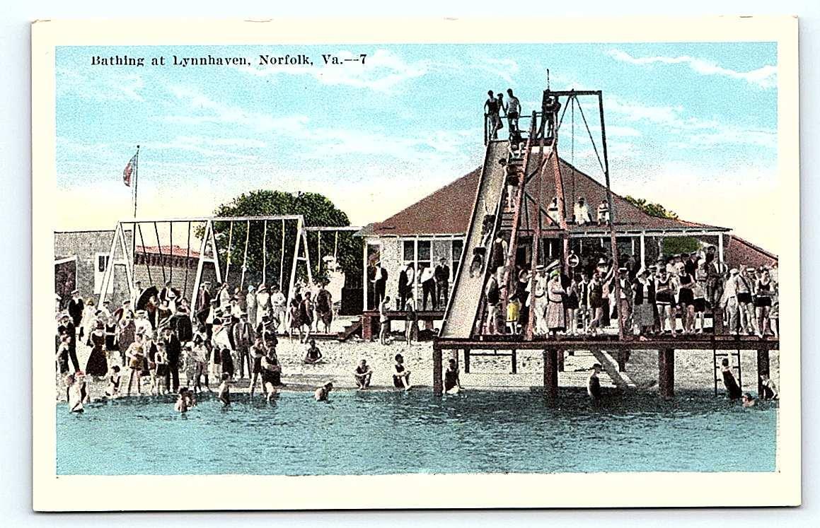 NORFOLK, VA Virginia ~ BATHING at LYNNHAVEN Big Slide ~ c1920s Kropp Postcard