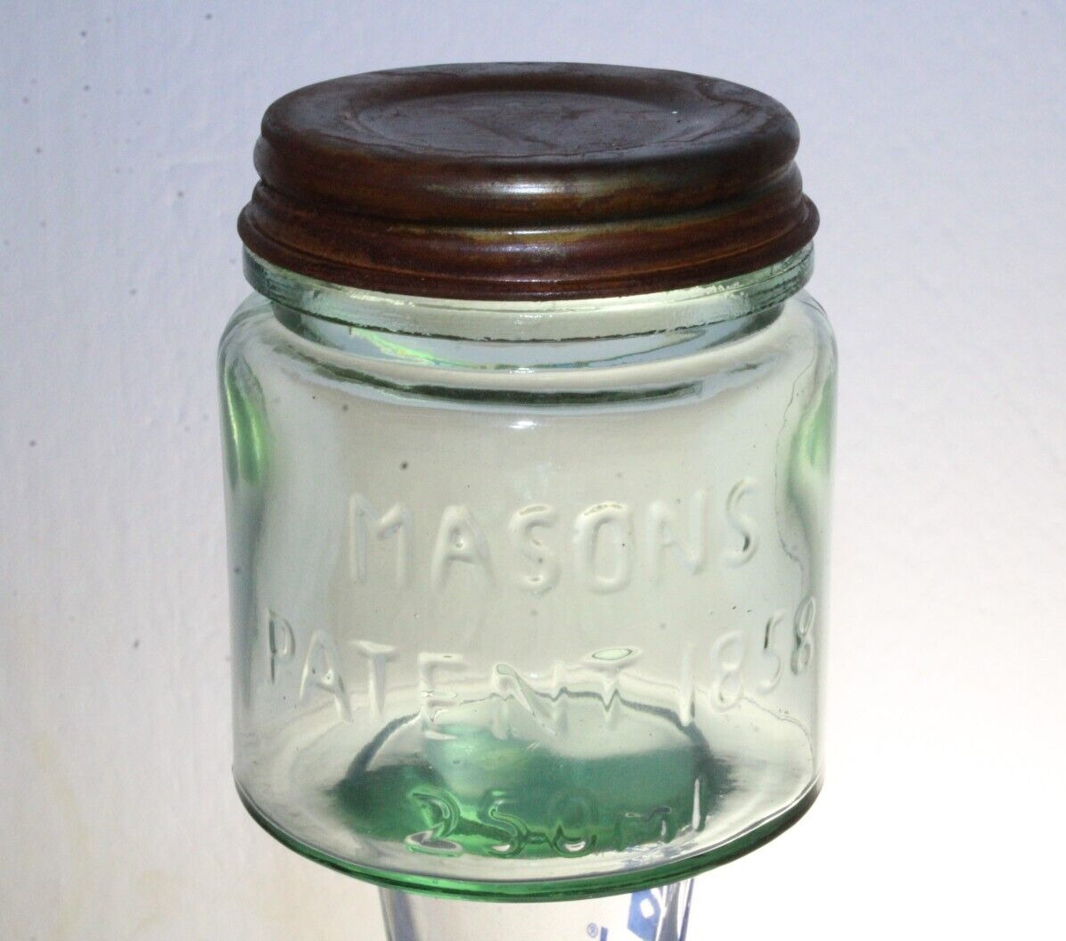 NEW ANTIQUE STYLE LITE GREEN MASON PATENT 1858 250 ML 1/2 PINT CANNING FRUIT JAR