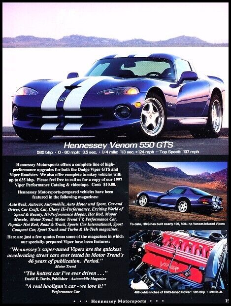 1997 Dodge Viper Hennessey Venom 550 GTS Vintage Advertisement Car Print Ad D127