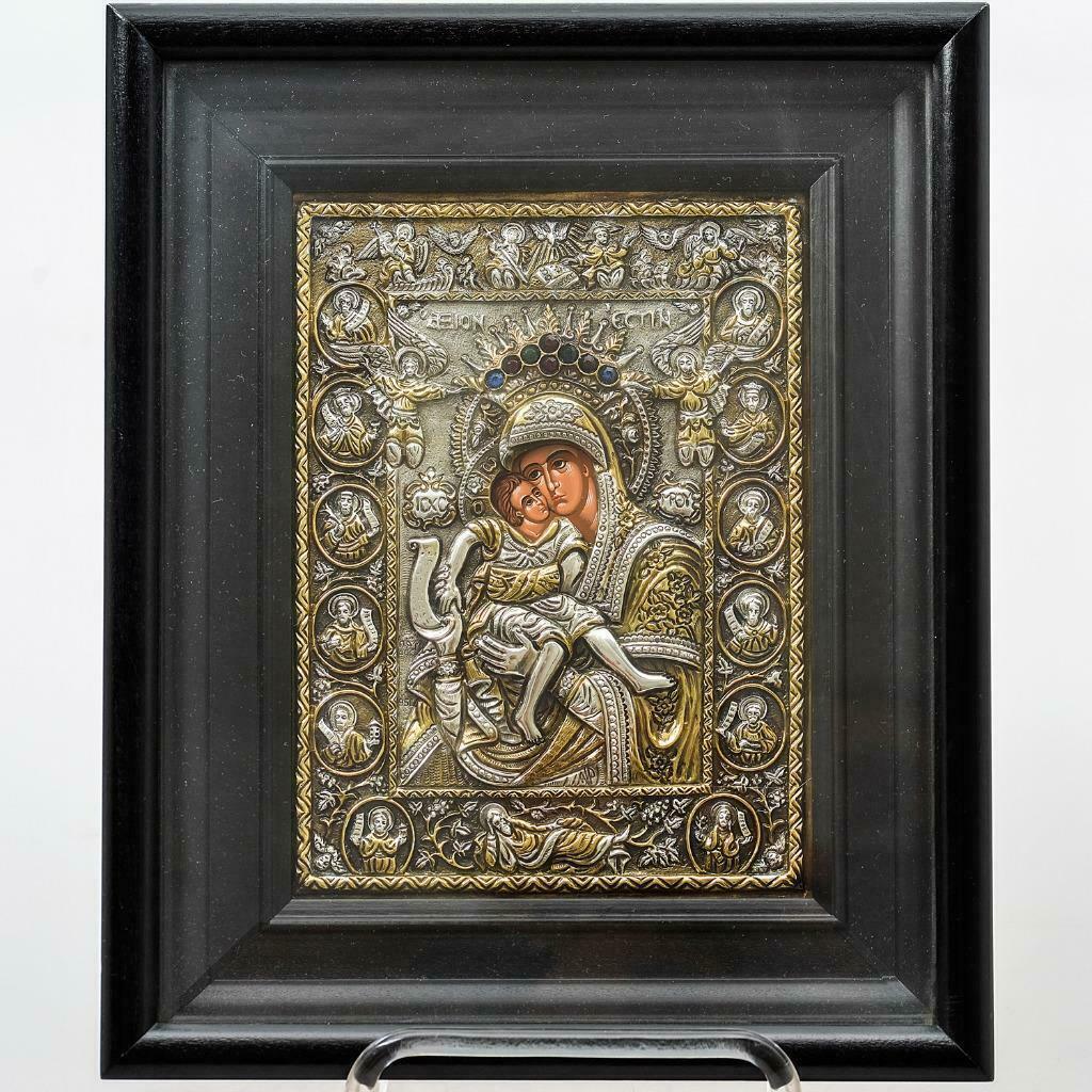 Greek Byzantine Icon Axion Estin, Silver.950, Glass Frame, 28 cm / 11.02 Inch