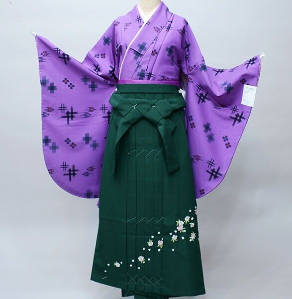 Furisode Kimono & Hakama & Obi sash set L Size Brand New Purple Green F/S