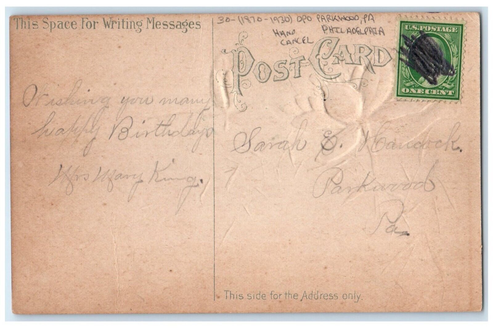 Greeting From Parkwood Philadelphia PA Hand Cancel DPO 1870-1930 Flower Postcard