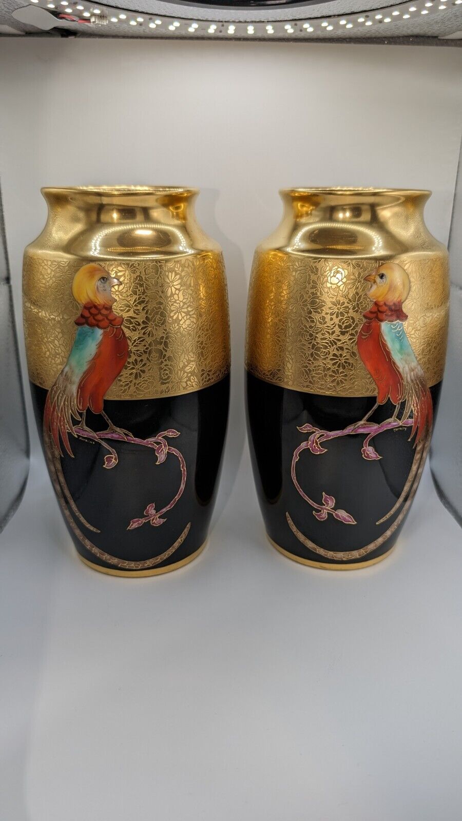 Exquisite Pair Bavaria Golden Pheasant Bird Matching Vases Picard By Merklin (2)