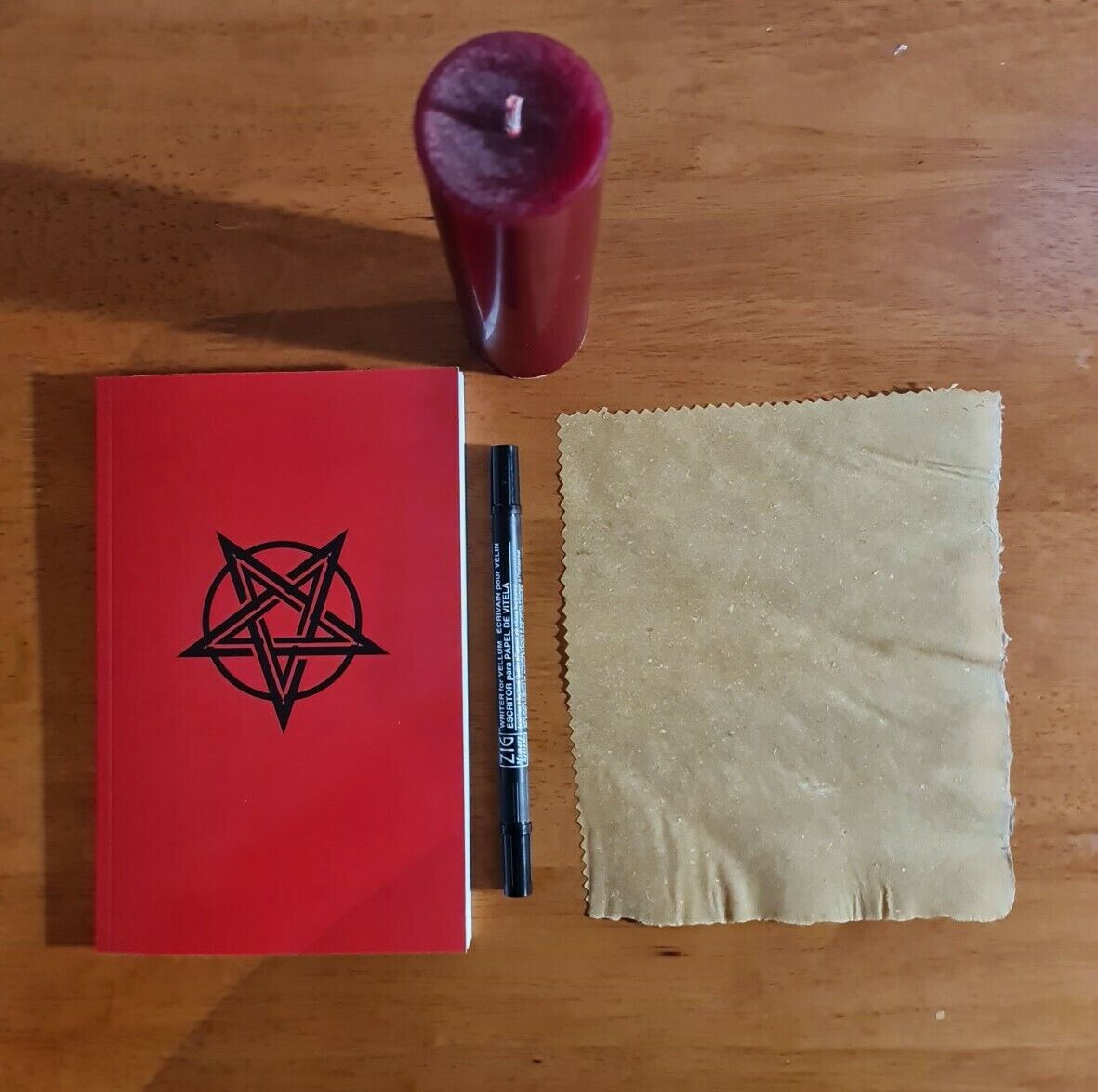 Red Devil Worshipping Kit: Red Rose Candle & Satanic Book, Goatskin Vellum/Pen