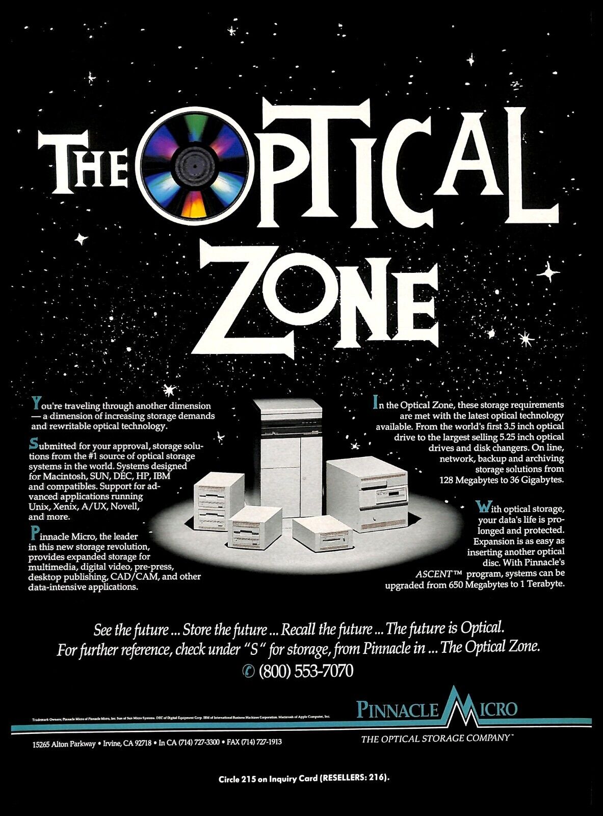 1991 Pinnacle Micro Optical Storage Vintage PRINT AD Digital Data High-Tech