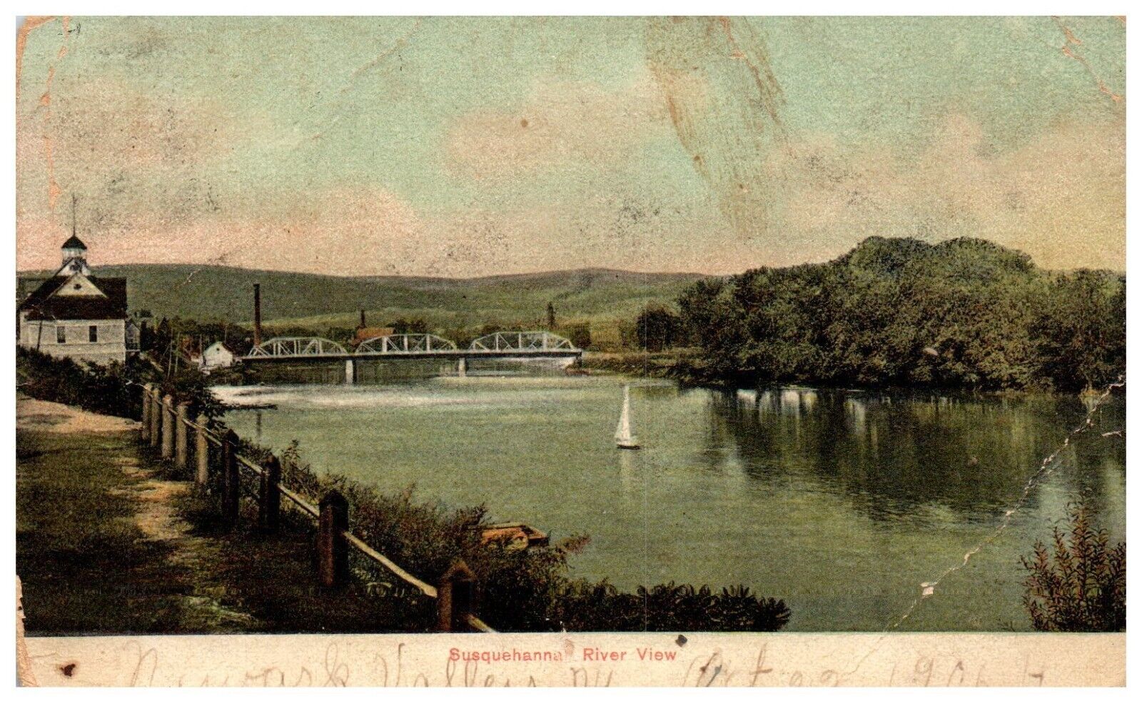 Susquehanna River View Newark Valley NY 1906 Postcard STAINED/ CREASED