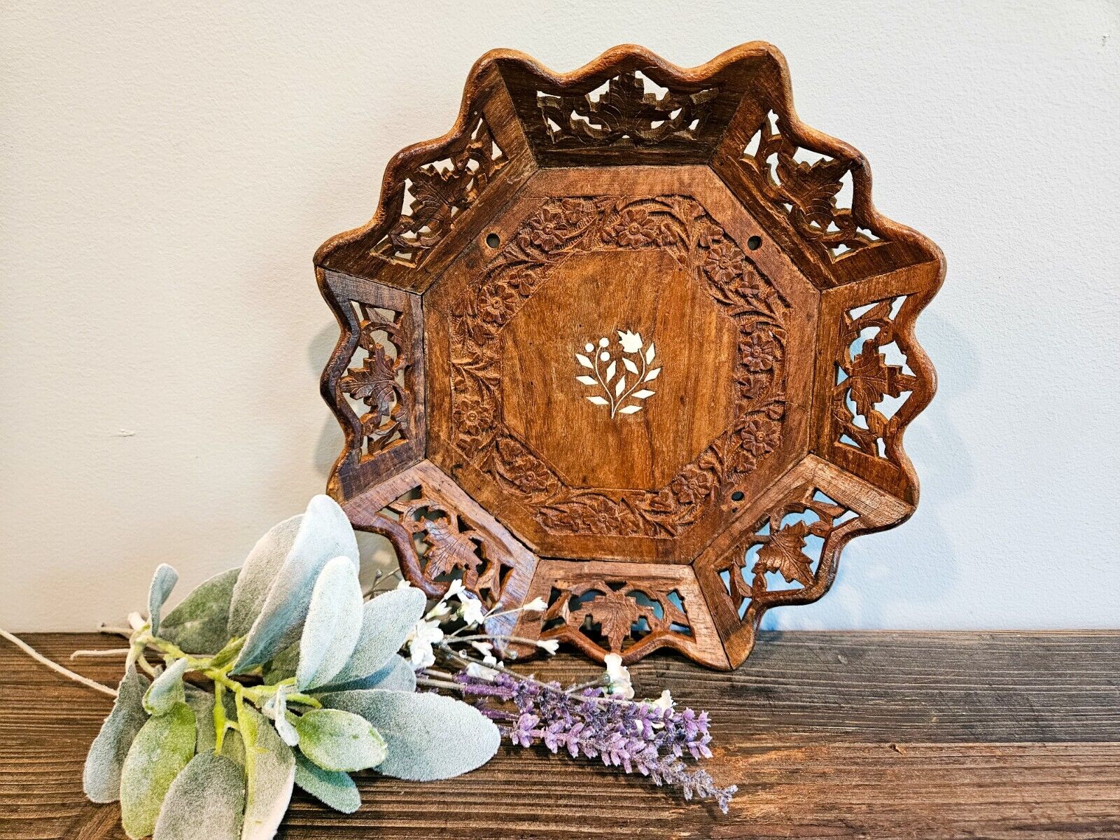 Vintage Hand Carved Wooden Floral Tray Wall Decor Made In India