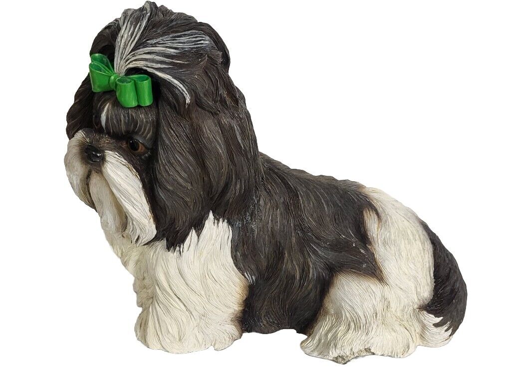 Danbury Mint Collector Large SHIH-TZU Dog Puppy Resin Statue  GREEN Bow 