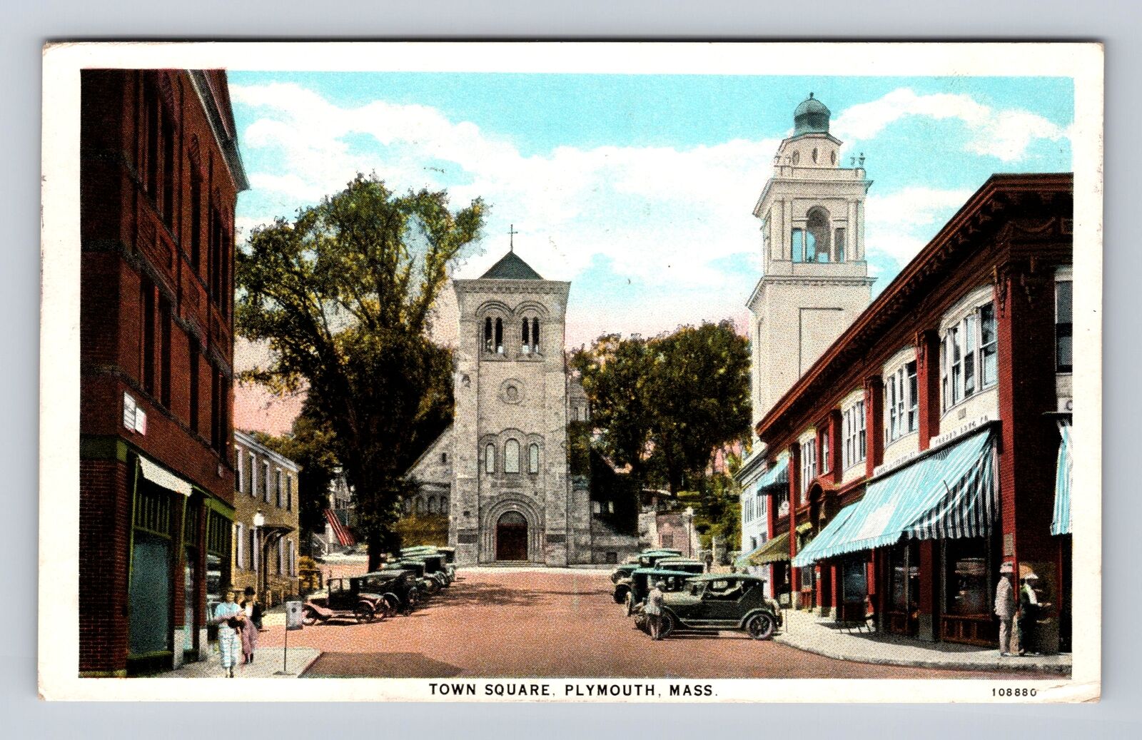 Plymouth MA-Massachusetts, Town Square, Antique, Vintage c1938 Souvenir Postcard