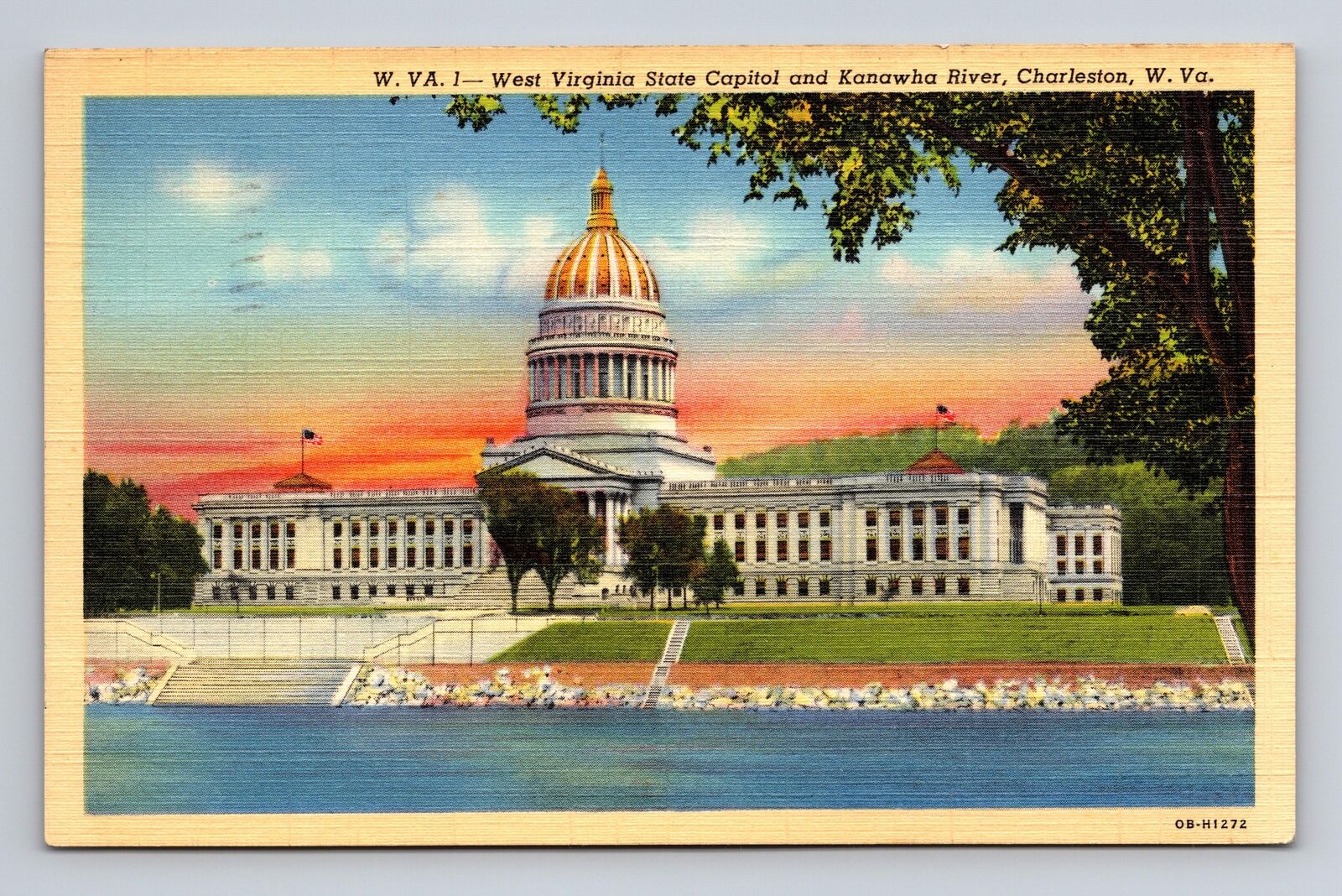 c1941 Linen Postcard Charleston WV West Virginia State Capitol & Kanawha River
