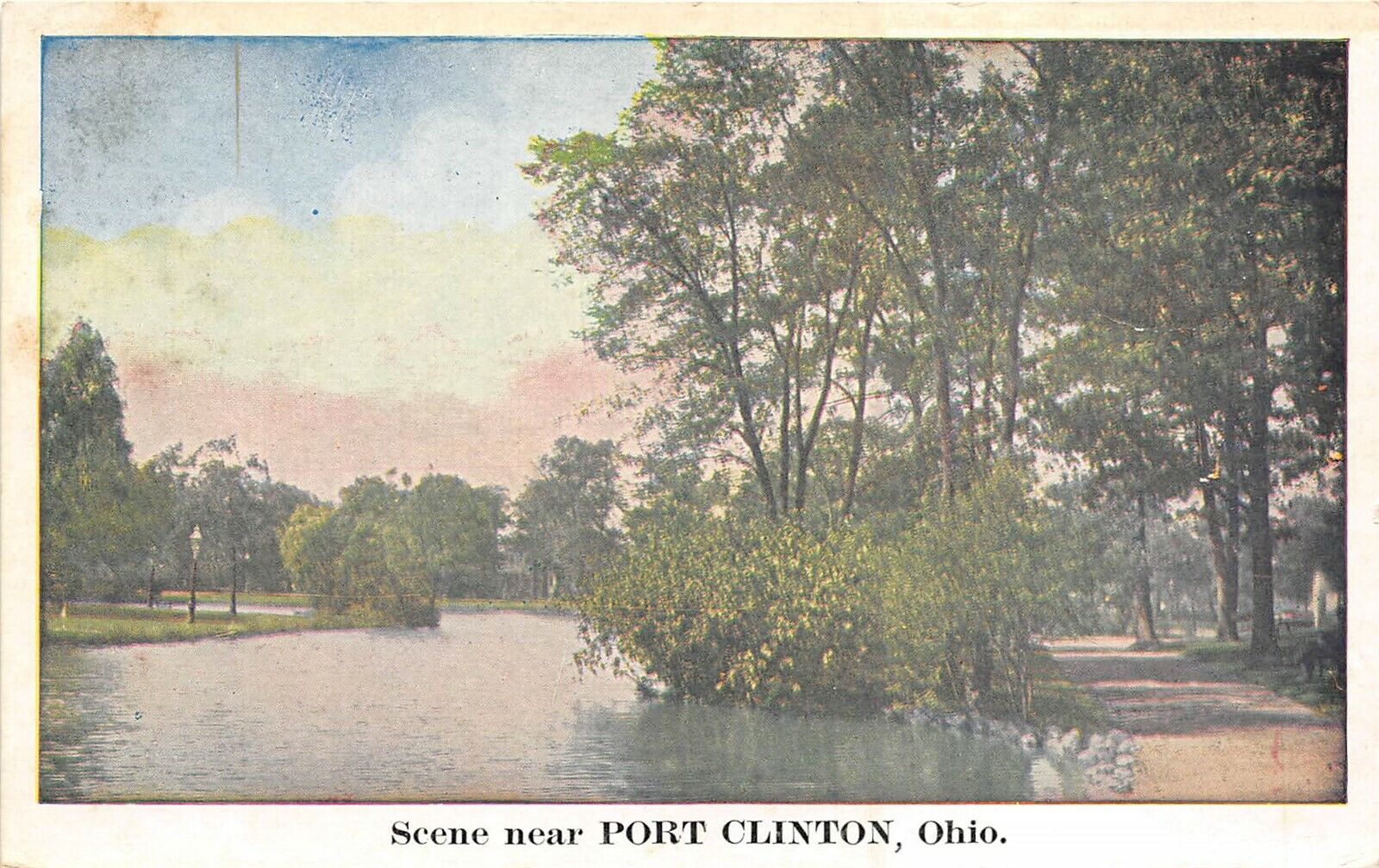 Port Clinton Ohio 1920-30s Greetings Postcard Stream Path Trees