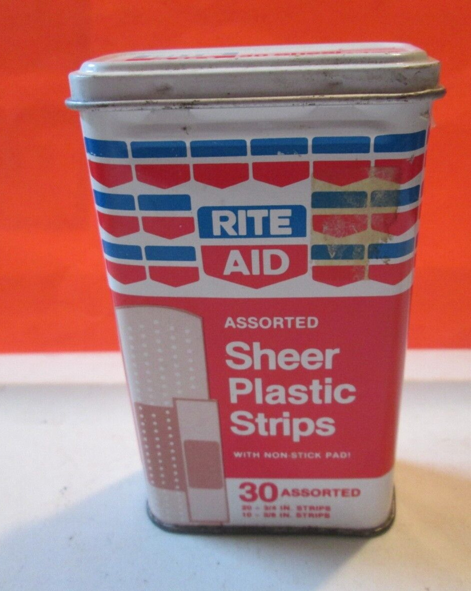 Vintage RITE AID TIN 30 ASSORTED SHEER PLASTIC STRIPS NO BAND AIDS INSIDE EMPTY