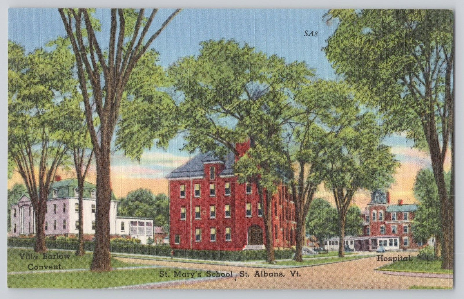 Postcard Villa Barlow Convent, St. Mary's School, Hospital, St Albans Vermont
