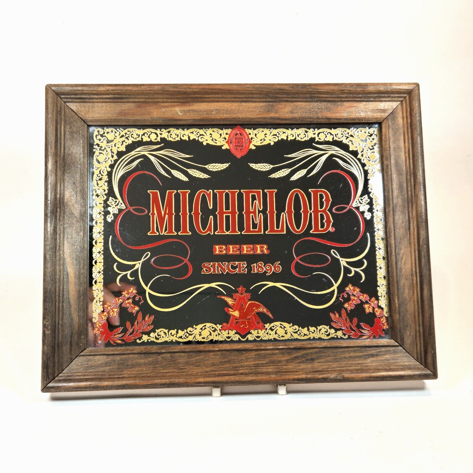 Vintage Michelob Beer Mirror Bar Sign Advertising Logo Promo Man Cave Wood Frame