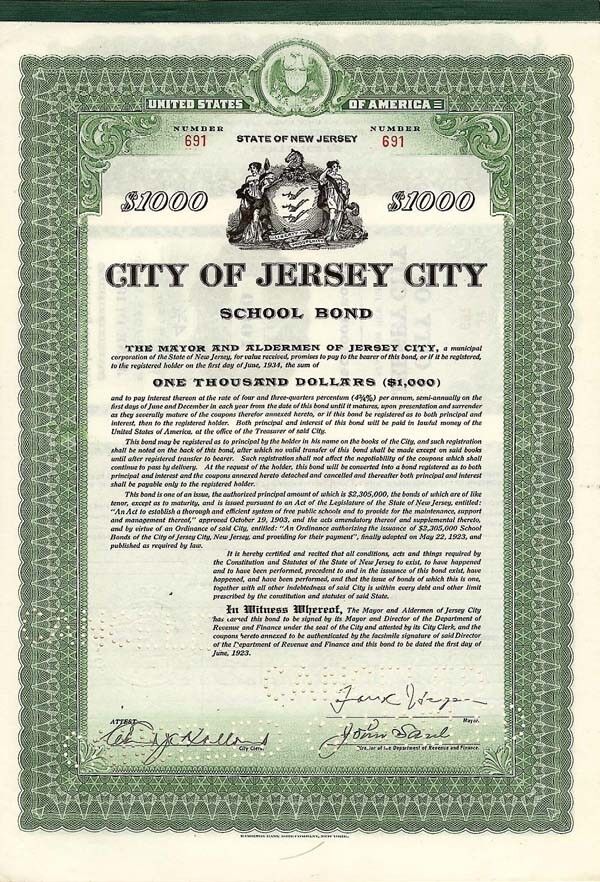 City of Jersey City - Bond - Autographed Stocks & Bonds