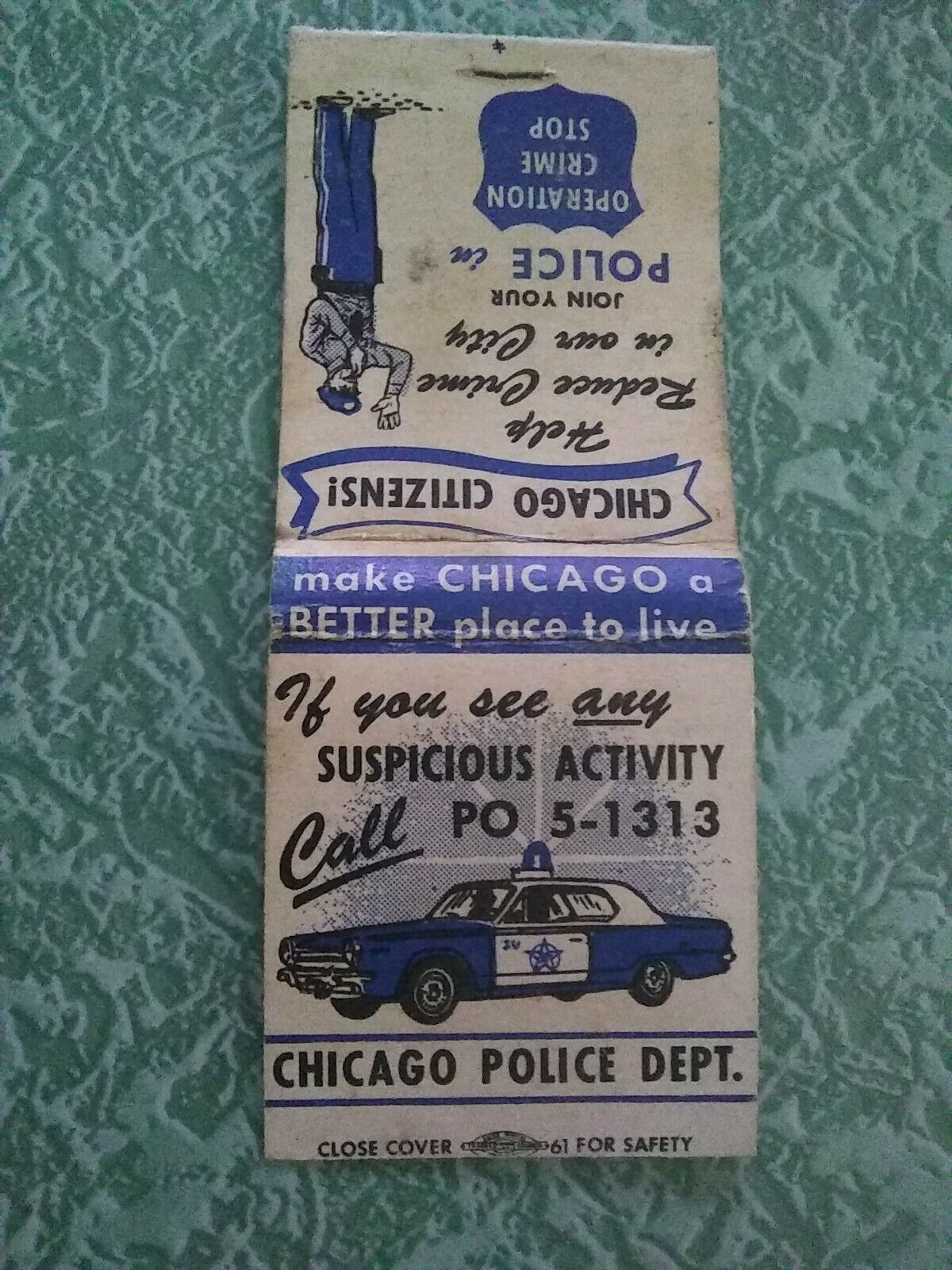 Vintage Matchbook Q2 Collectible Ephemera Chicago citizens police car crime stop