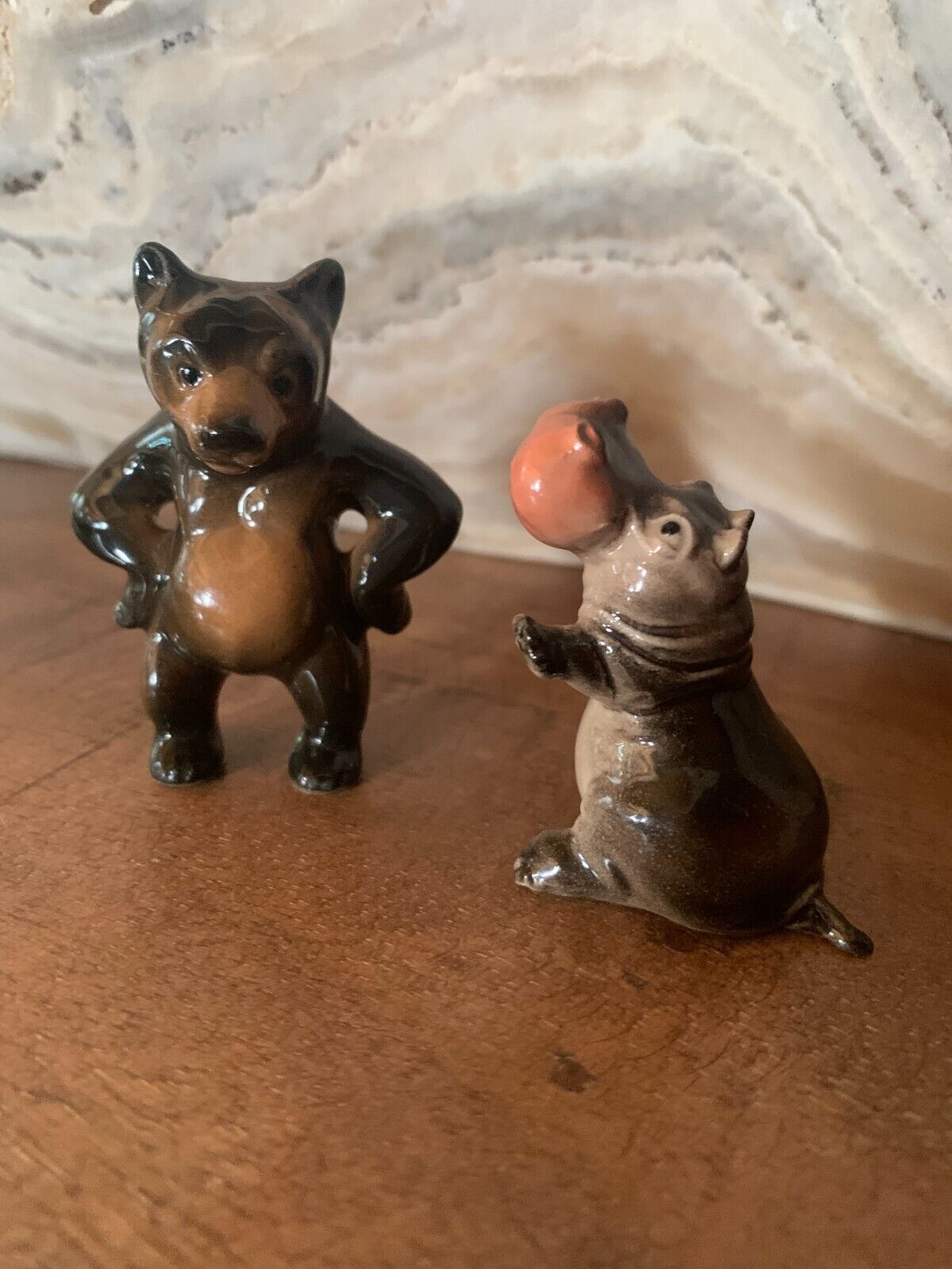 Set of 2 Vintage Hagen Renaker Miniature Mini Ceramic Mama Hippo and Papa Bear