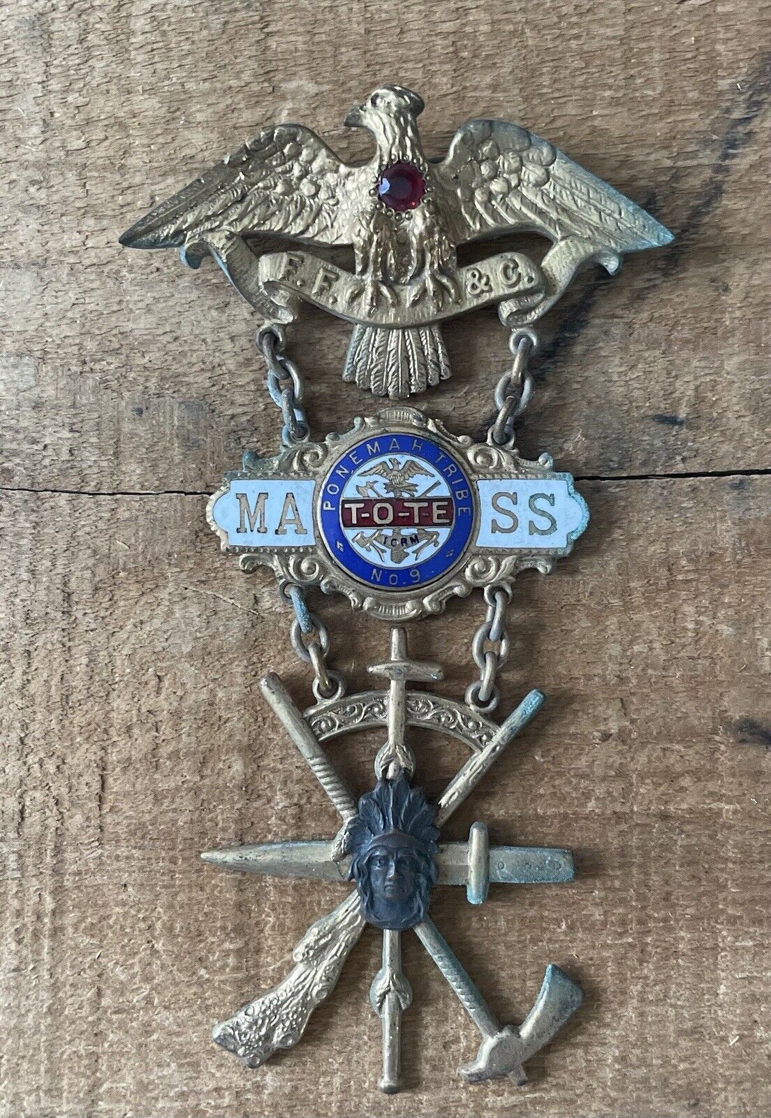 Antique Pohemah Tribe T-O-T-E No.9 Masonic Fraternal Pin Badge Eagle Insignia MA